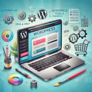 Ilustración digital vibrante de un proceso de creación de un sitio web utilizando WordPress, mostrando una pantalla de portátil con un panel de control de WordPress y elementos de arrastrar y soltar. Alrededor del portátil hay iconos que representan herramientas de personalización, SEO y comercio electrónico, como engranajes, un pincel y un carrito de compras. El fondo tiene un diseño limpio y tecnológico, simbolizando creatividad y facilidad en la construcción de sitios web.