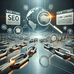 Ilustración digital de link building en SEO con cadenas interconectadas y símbolos de sitios web, navegadores y SEO. Fondo futurista que representa la importancia de los enlaces para mejorar el posicionamiento web.