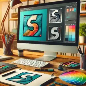 Proceso de rediseño de logo moderno en un espacio de trabajo creativo con herramientas de diseño, paletas de colores y un logo en pantalla siendo actualizado.