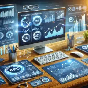 Optimización de campañas PPC con gráficos de rendimiento, métricas de clics, impresiones y tasas de conversión en pantalla, en un entorno profesional y técnico.