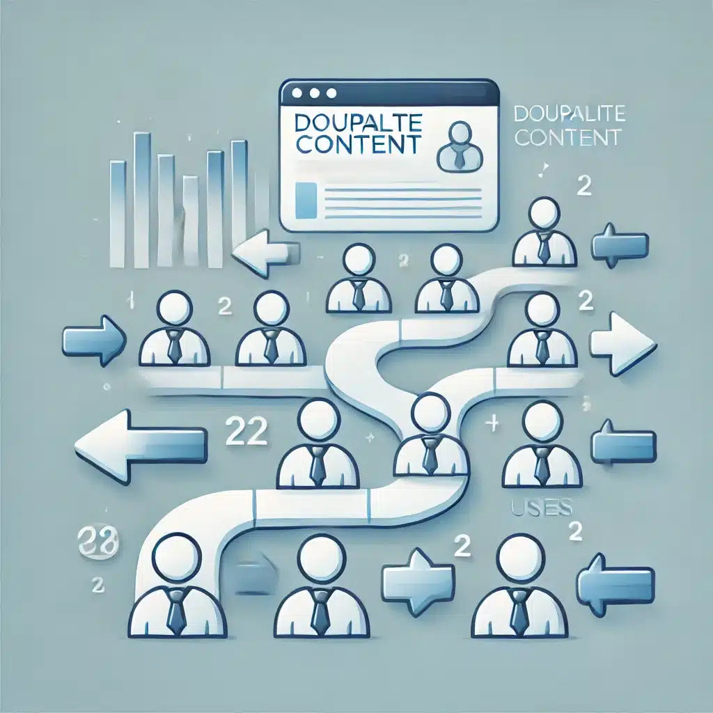 Gráfico que muestra la disminución del flujo de visitantes en un sitio web debido a problemas de contenido duplicado, con flechas indicando la pérdida de usuarios en cada paso.