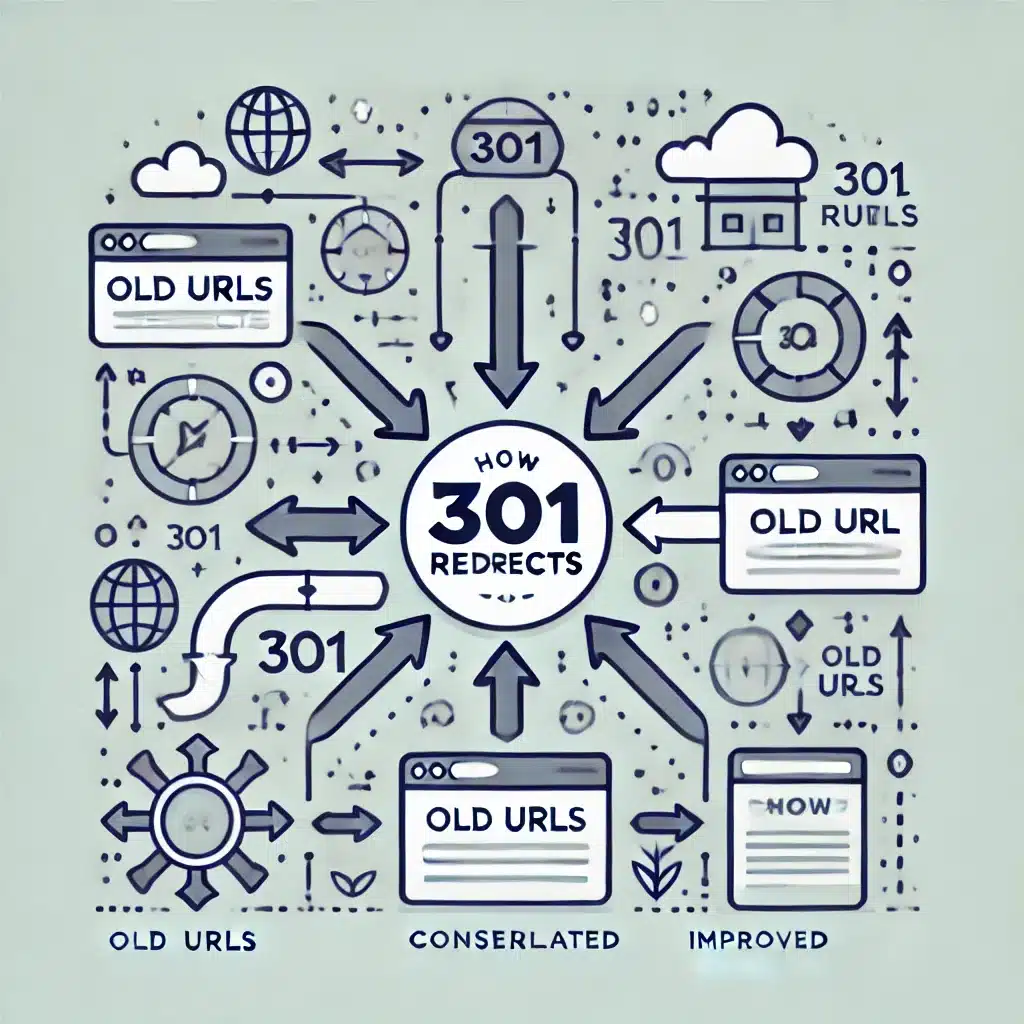 Representación visual de cómo las redirecciones 301 consolidan el contenido del sitio web y mejoran el flujo de usuarios, con flechas que indican el tráfico redirigido hacia una página principal consolidada.