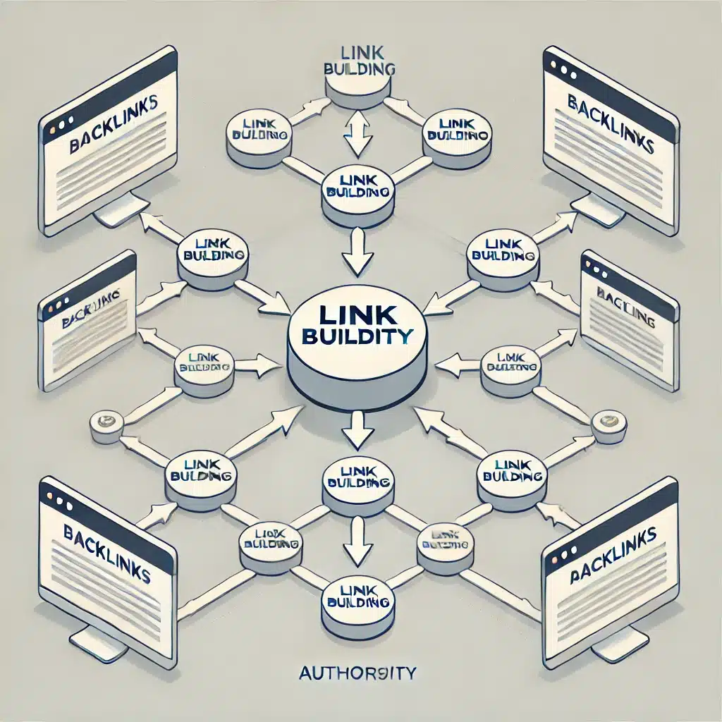 Diagrama que representa cómo el link building contribuye a la construcción de autoridad, mostrando múltiples sitios conectados mediante enlaces que apuntan a un sitio central para mejorar su relevancia y posicionamiento.