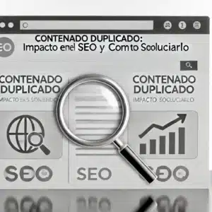 Imagen destacada para un artículo sobre contenido duplicado en SEO, mostrando un sitio web dividido en dos partes idénticas con una lupa sobre los resultados de búsqueda y símbolos relacionados con SEO como gráficos y flechas.