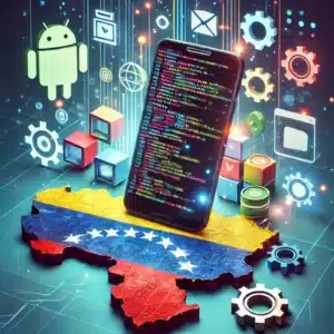 Illustration of Android app development in Venezuela, featuring a smartphone with code on the screen, digital icons, and the Venezuelan map, symbolizing innovation and technology.