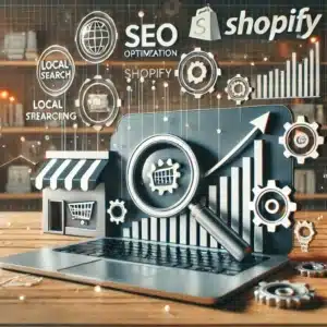 Pantalla de una tienda de Shopify en un portátil, con iconos relacionados con SEO como una lupa, un gráfico ascendente y engranajes, representando la optimización del sitio web. El fondo incluye referencias sutiles a marketing en línea, búsqueda local y productos, destacando el crecimiento y la visibilidad en línea