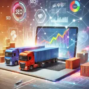 Ilustración moderna de una empresa de transporte con camiones, contenedores de carga y una laptop mostrando gráficos de SEO y analíticas, con elementos abstractos de marketing digital en el fondo.