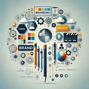 Imagen profesional y moderna que representa el branding de marca, con elementos como logotipos, paletas de colores y presencia digital, simbolizando la identidad, creatividad y estrategias de marketing.