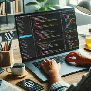 Desarrollador trabajando en la creación de un tema de WordPress en un entorno digital, con un editor de código que muestra elementos de WordPress, como funciones y estructura de tema. La imagen tiene un ambiente moderno y minimalista con una taza de café y una planta.