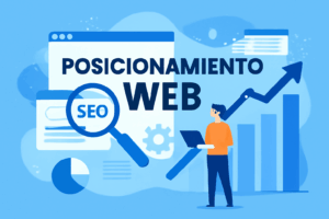 Ilustración digital en estilo plano que representa la gestión web y SEO, mostrando a una persona junto a una pantalla de computadora con un gráfico ascendente, una lupa y elementos visuales relacionados con SEO.