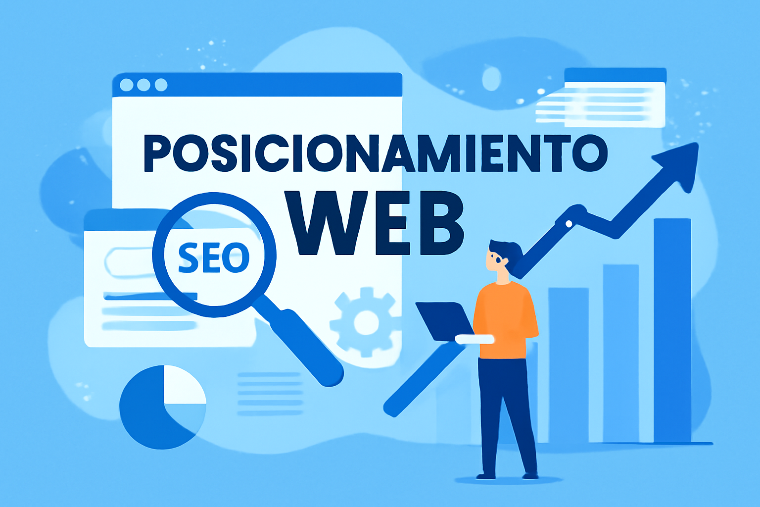 Ilustración digital en estilo plano que representa la gestión web y SEO, mostrando a una persona junto a una pantalla de computadora con un gráfico ascendente, una lupa y elementos visuales relacionados con SEO.